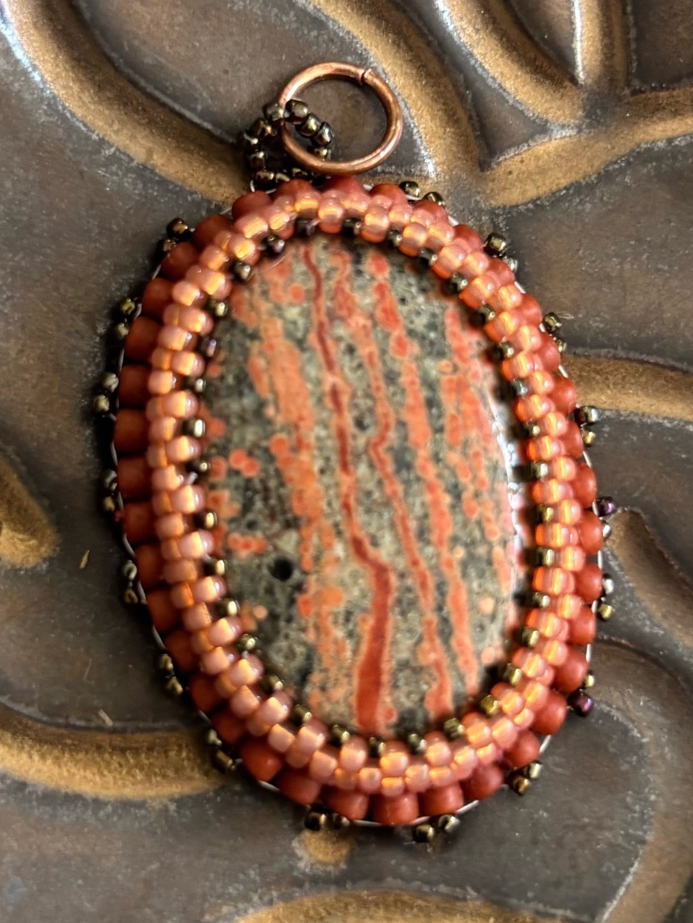 Striped Unakite Oval Bead Embroidered Pendant